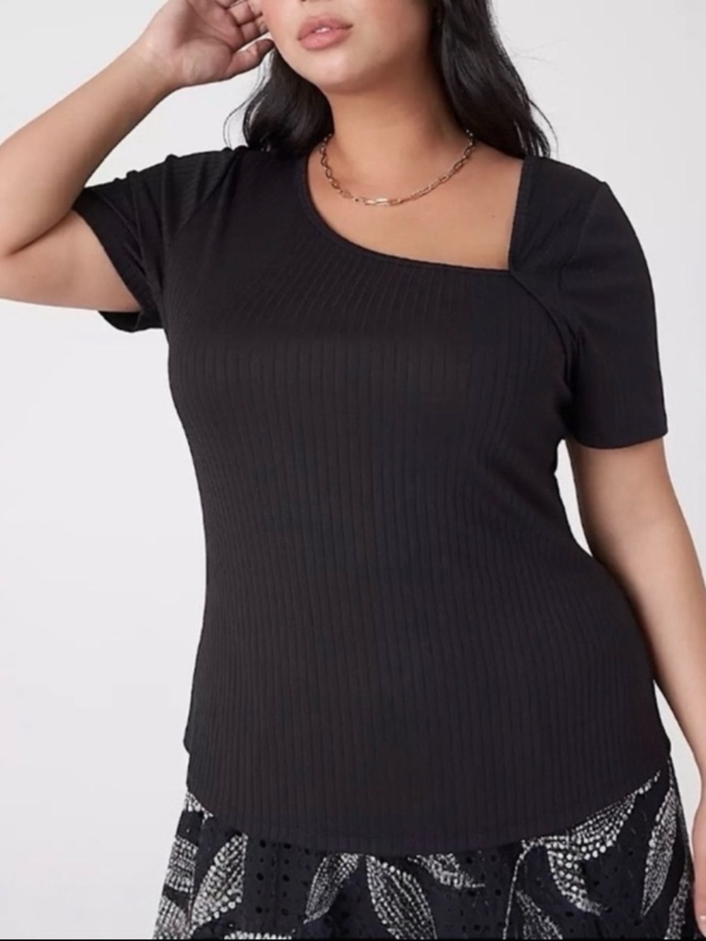 LANE BRYANT Ribbed Asymmetrical Neck Top Black Fitted Stretch 18 - 20 NWOT